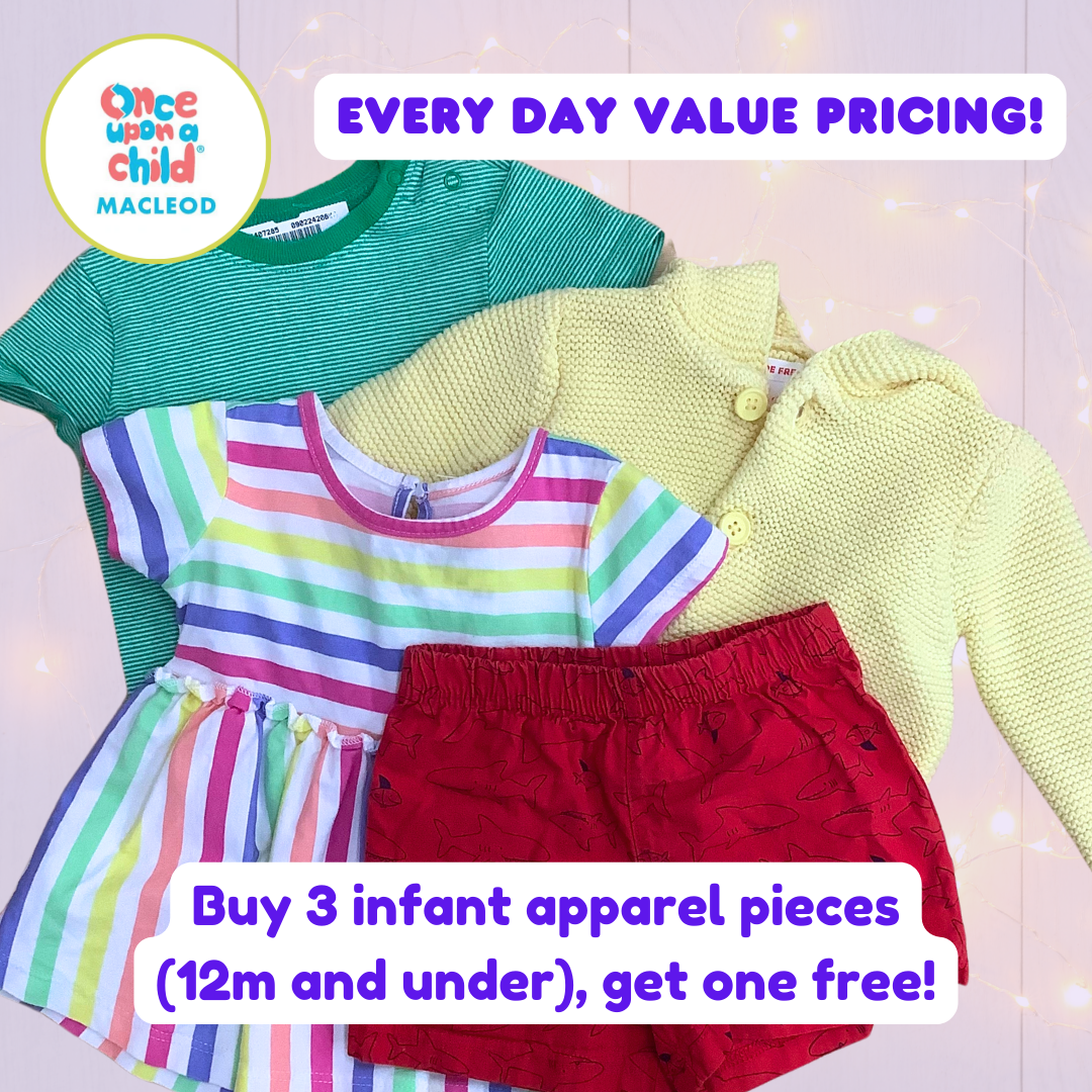 Four pieces of infant clothing are laid on a purple background: a green t-shirt, a yellow hoodie, a multicoloured striped dress, and a pair of red shorts.